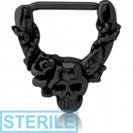 STERILE BLACK PVD COATED SURGICAL STEEL NIPPLE CLICKER - SKULLS AND ROSE