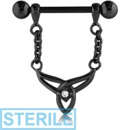 STERILE BLACK PVD COATED SURGICAL STEEL JEWELLED NIPPLE SHIELD - TRIQUETRA WITH CHAIN