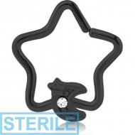 STERILE BLACK PVD COATED SURGICAL STEEL JEWELLED OPEN STAR SEAMLESS RING - CRESCENT AND STAR