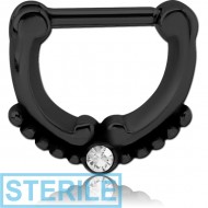 STERILE BLACK PVD COATED SURGICAL STEEL ROUND JEWELLED HINGED SEPTUM CLICKER