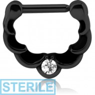 STERILE BLACK PVD COATED SURGICAL STEEL ROUND JEWELLED HINGED SEPTUM CLICKER