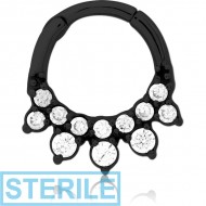 STERILE BLACK PVD COATED SURGICAL STEEL JEWELLED HINGED SEPTUM CLICKER RING