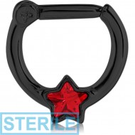 STERILE BLACK PVD COATED SURGICAL STEEL STAR JEWELLED HINGED SEPTUM CLICKER PIERCING