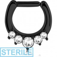 STERILE BLACK PVD COATED SURGICAL STEEL ROUND SWAROVSKI CRYSTALS JEWELLED HINGED SEPTUM CLICKER