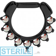 STERILE BLACK PVD COATED SURGICAL STEEL ROUND VALUE JEWELLED HINGED SEPTUM CLICKER PIERCING