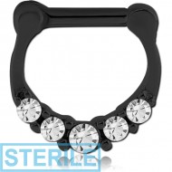 STERILE BLACK PVD COATED SURGICAL STEEL ROUND JEWELLED HINGED SEPTUM CLICKER