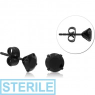 STERILE BLACK PVD COATED SURGICAL STEEL ROUND PRONG SET JEWELLED EAR STUDS PAIR PIERCING