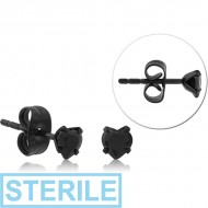 STERILE BLACK PVD COATED SURGICAL STEEL HEART PRONG SET JEWELLED EAR STUDS PAIR PIERCING