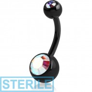 STERILE BLACK PVD COATED TITANIUM DOUBLE OPITMA CRYSTAL JEWELLED NAVEL BANANA PIERCING