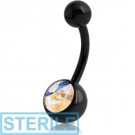 STERILE BLACK PVD COATED TITANIUM SWAROVSKI CRYSTAL JEWELLED NAVEL BANANA WITH RIVOLI STONE PIERCING
