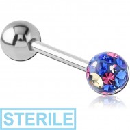 STERILE SURGICAL STEEL BARBELL WITH ONE EPOXY COATED CRYSTALINE JEWELLED BALL
