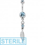 STERILE SURGICAL STEEL DOUBLE JEWELLED NAVEL BANANA WITH FEATHER CHARM PIERCING