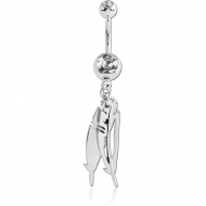 STERILE SURGICAL STEEL DOUBLE JEWELLED NAVEL BANANA WITH FEATHER SHADOW CHARM