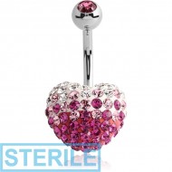 STERILE SURGICAL STEEL CRYSTALINE JEWELLED FROSTED HEART NAVEL BANANA WITH JEWELLED BALL