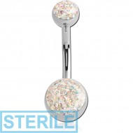 STERILE SURGICAL STEEL DOUBLE CRYSTALINE JEWELLED BALL NAVEL BANANA