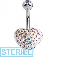 STERILE SURGICAL STEEL CRYSTALINE JEWELLED HEART NAVEL BANANA WITH JEWELLED BALL
