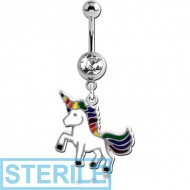 STERILE SURGICAL STEEL JEWELLED NAVEL BANANA WITH CHARM - UNICORN PIERCING