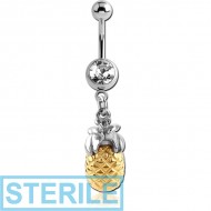 STERILE SURGICAL STEEL JEWELLED NAVEL BANANA WITH CHARM - PINEAPPLE PIERCING