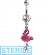 STERILE SURGICAL STEEL JEWELLED NAVEL BANANA WITH CHARM FLAMINGO PIERCING