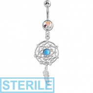 STERILE SURGICAL STEEL JEWELLED NAVEL BANANA WITH DREAMCATCHER FEATHER CHARM PIERCING