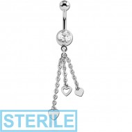 STERILE SURGICAL STEEL JEWELLED NAVEL BANANA WITH DANGLING CHARM - THREE HEARTS PIERCING