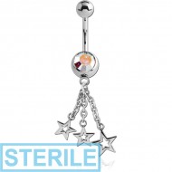 STERILE SURGICAL STEEL JEWELLED NAVEL BANANA WITH DANGLING CHARM - THREE STARS PIERCING