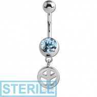 STERILE SURGICAL STEEL JEWELLED NAVEL BANANA WITH DANGLING CHARM - PEACE SIGN PIERCING