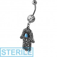 STERILE SURGICAL STEEL JEWELLED NAVEL BANANA WITH DANGLING CHARM - HAMSA HAND PIERCING