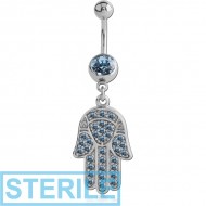 STERILE SURGICAL STEEL JEWELLED NAVEL BANANA WITH DANGLING CHARM - HAMSA HAND PIERCING