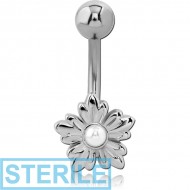 STERILE RHODIUM PLATED BRASS SYNTHETIC PEARL NAVEL BANANA - FLOWER PIERCING