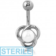 STERILE RHODIUM PLATED BRASS SYNTHETIC PEARL NAVEL BANANA PIERCING