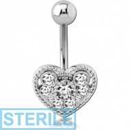 STERILE RHODIUM PLATED BRASS JEWELLED NAVEL BANANA - HEART PIERCING