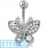 STERILE RHODIUM PLATED BRASS JEWELLED NAVEL BANANA - BUTTERFLY PIERCING