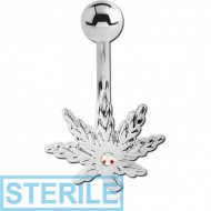 STERILE RHODIUM PLATED BRASS JEWELLED NAVEL BANANA - MARIJUANA LEAF PIERCING