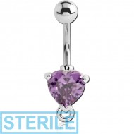 STERILE RHODIUM PLATED BRASS JEWELLED HEART NAVEL BANANA WITH HOOP PIERCING