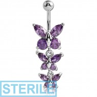 STERILE RHODIUM PLATED BRASS JEWELLED BUTTERFLY NAVEL BANANA WITH DANGLING CHARM - BUTTERFLY PIERCING