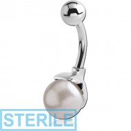 STERILE RHODIUM PLATED BRASS JEWELLED NAVEL BANANA WITH SYNTHETIC PEARL PIERCING