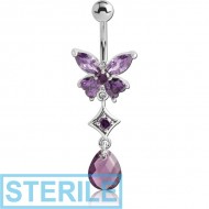 STERILE RHODIUM PLATED BRASS JEWELLED BUTTERFLY NAVEL BANANA WITH DANGLING CHARM - DROP PIERCING
