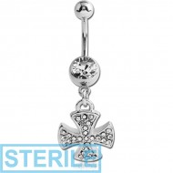 STERILE SURGICAL STEEL JEWELLED NAVEL BANANA WITH DANGLING CHARM - IRON CROSS PIERCING