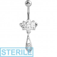 STERILE RHODIUM PLATED BRASS JEWELLED CROWN NAVEL BANANA WITH DANGLING CHARM - DROP PIERCING