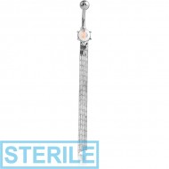 STERILE RHODIUM PLATED BRASS JEWELLED NAVEL BANANA WITH DANGLING CHAINS PIERCING