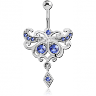 RHODIUM PLATED BRASS TRIBLE VALUE JEWELLED NAVEL BANANA WITH DANGLING CHARM - RHOMBUS PIERCING