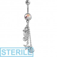 RHODIUM PLATED BRASS JEWELLED NAVEL BANANA WITH DANGLING CHARM - SEA ANIMALS PIERCING