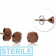 STERILE COFFEE PVD COATED SURGICAL STEEL ROUND PRONG SET JEWELLED EAR STUDS PAIR PIERCING