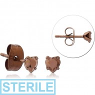 STERILE COFFEE PVD COATED SURGICAL STEEL HEART PRONG SET JEWELLED EAR STUDS PAIR PIERCING