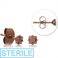 STERILE COFFEE PVD COATED SURGICAL STEEL SQUARE PRONG SET JEWELLED EAR STUDS PAIR PIERCING