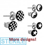 STERILE SURGICAL STEEL CUP SILICONE PICTURE EAR STUDS PAIR PIERCING