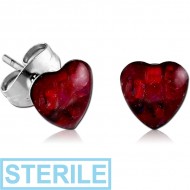 STERILE SURGICAL STEEL SYNTHETIC MOTHER OF PEARL MOSAIC HEART CUP EAR STUDS PAIR PIERCING