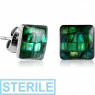 STERILE PAIR OF SURGICAL STEEL SYNTHETIC MOTHER OF PEARL MOSAIC SQUARE CUP EAR STUDS PIERCING
