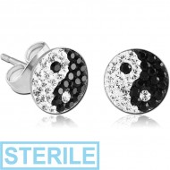 STERILE PAIR OF SURGICAL STEEL VALUE CRYSTALINE JEWELLED YIN YANG EAR STUDS